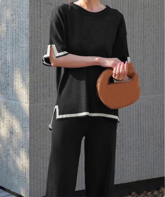 送料無料 新品 セットアップ 配色スリットニットとパンツ < 女性ファッション  送料無料 新品 セットアップ 配色スリットニットとパンツ < 女性ファッションの