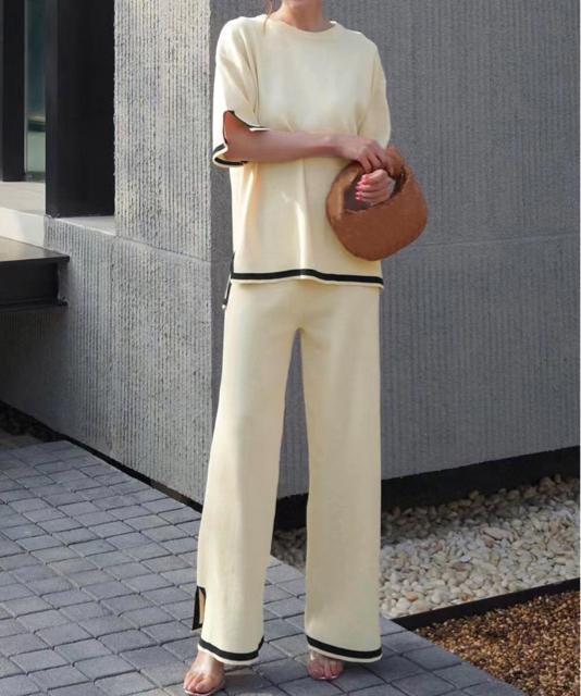 送料無料 新品 セットアップ 配色スリットニットとパンツ < 女性ファッション  送料無料 新品 セットアップ 配色スリットニットとパンツ < 女性ファッションの
