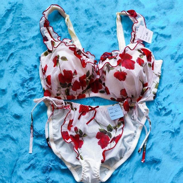 Sexy.。。。F80×LL薔薇柄メッシュレースブラジャー&ショーツセット。。紐パンティーヒモパンローズグラマー大きいサイズ < 女性ファッション  Sexy.。。。F80×LL薔薇柄メッシュレースブラジャー&ショーツセット。。紐パンティーヒモパンローズグラマー大きいサイズ  < 女性ファッションの