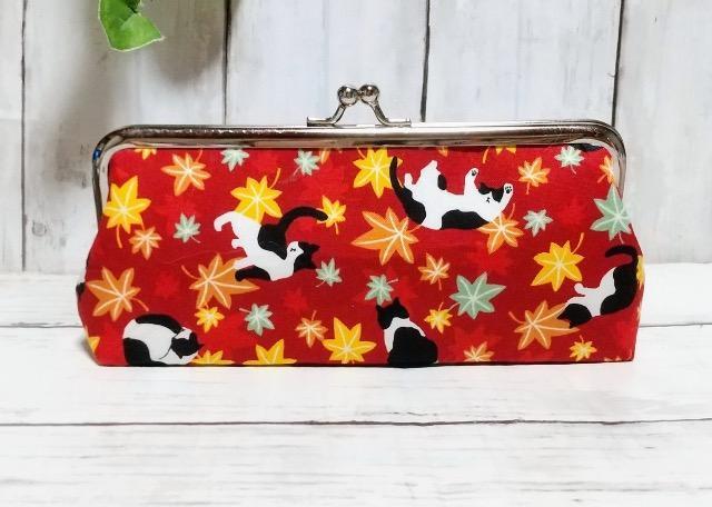 和柄 紅葉 猫 角型がま口 メガネケース ペンケース 小物入れ 多目的ポーチ < 女性ファッション 和柄 紅葉 猫 角型がま口 メガネケース ペンケース 小物入れ 多目的ポーチ < 女性ファッションの