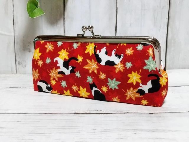 和柄 紅葉 猫 角型がま口 メガネケース ペンケース 小物入れ 多目的ポーチ < 女性ファッション 和柄 紅葉 猫 角型がま口 メガネケース ペンケース 小物入れ 多目的ポーチ < 女性ファッションの