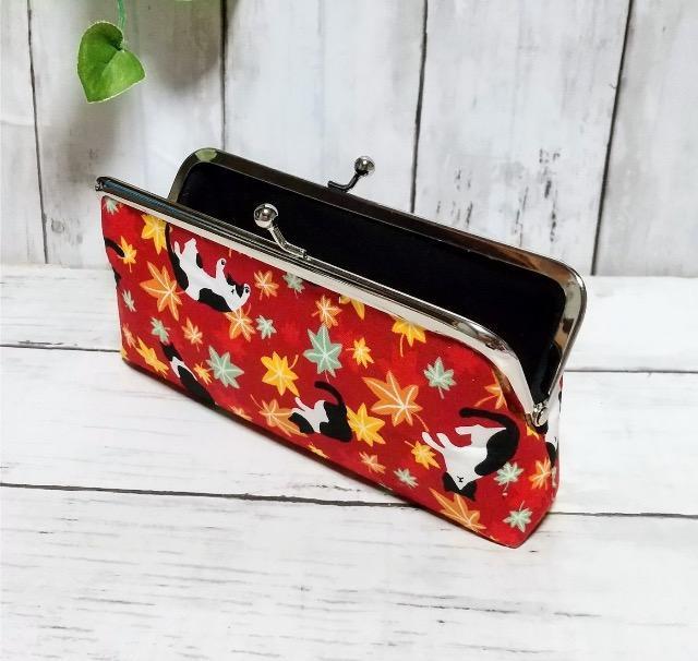 和柄 紅葉 猫 角型がま口 メガネケース ペンケース 小物入れ 多目的ポーチ < 女性ファッション 和柄 紅葉 猫 角型がま口 メガネケース ペンケース 小物入れ 多目的ポーチ < 女性ファッションの