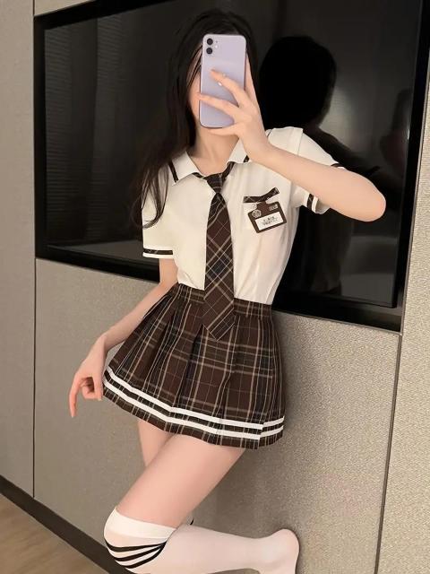 爆ヤス価格1790円★いたずらな制服コスプレ衣装、チェック柄プリントのプレッピースタイルのストライプトップとスカート日本サイズL < 女性ファッション  爆ヤス価格1790円★いたずらな制服コスプレ衣装、チェック柄プリントのプレッピースタイルのストライプトップとスカート日本サイズL < 女性ファッションの