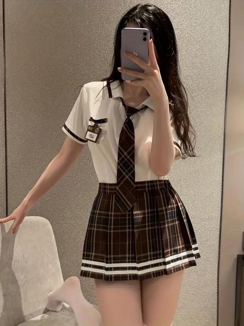 爆ヤス価格1790円★いたずらな制服コスプレ衣装、チェック柄プリントのプレッピースタイルのストライプトップとスカート日本サイズL < 女性ファッション  爆ヤス価格1790円★いたずらな制服コスプレ衣装、チェック柄プリントのプレッピースタイルのストライプトップとスカート日本サイズL < 女性ファッションの