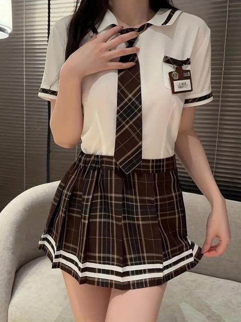 爆ヤス価格1790円★いたずらな制服コスプレ衣装、チェック柄プリントのプレッピースタイルのストライプトップとスカート日本サイズL < 女性ファッション  爆ヤス価格1790円★いたずらな制服コスプレ衣装、チェック柄プリントのプレッピースタイルのストライプトップとスカート日本サイズL < 女性ファッションの