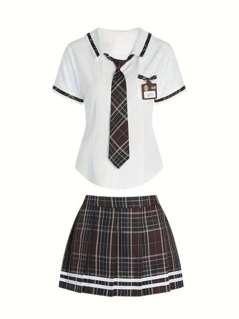 爆ヤス価格1790円★いたずらな制服コスプレ衣装、チェック柄プリントのプレッピースタイルのストライプトップとスカート日本サイズL < 女性ファッション  爆ヤス価格1790円★いたずらな制服コスプレ衣装、チェック柄プリントのプレッピースタイルのストライプトップとスカート日本サイズL < 女性ファッションの