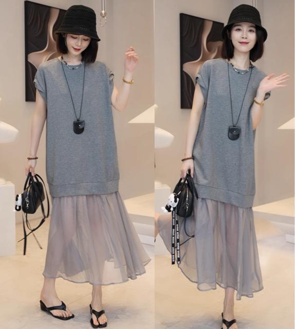 ロング丈 シフォン切り替え ワンピース 異素材 グレー 大きいサイズ < 女性ファッション ロング丈 シフォン切り替え ワンピース 異素材 グレー 大きいサイズ < 女性ファッションの