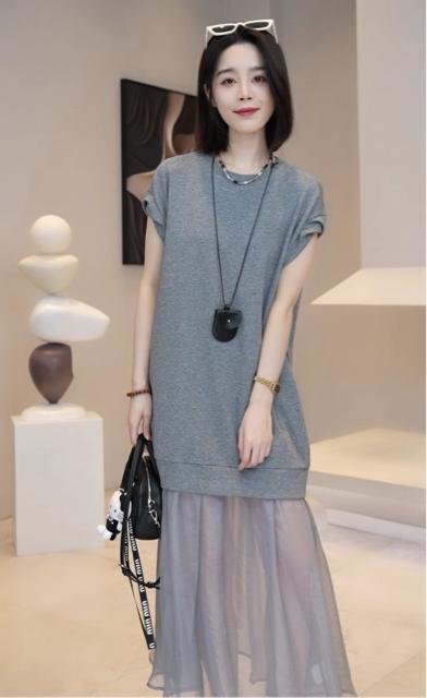 ロング丈 シフォン切り替え ワンピース 異素材 グレー 大きいサイズ < 女性ファッション ロング丈 シフォン切り替え ワンピース 異素材 グレー 大きいサイズ < 女性ファッションの