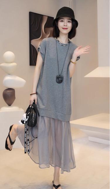 ロング丈 シフォン切り替え ワンピース 異素材 グレー 大きいサイズ < 女性ファッション ロング丈 シフォン切り替え ワンピース 異素材 グレー 大きいサイズ < 女性ファッションの