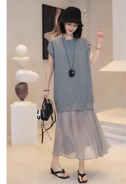 ロング丈 シフォン切り替え ワンピース 異素材 グレー 大きいサイズ < 女性ファッション ロング丈 シフォン切り替え ワンピース 異素材 グレー 大きいサイズ < 女性ファッションの