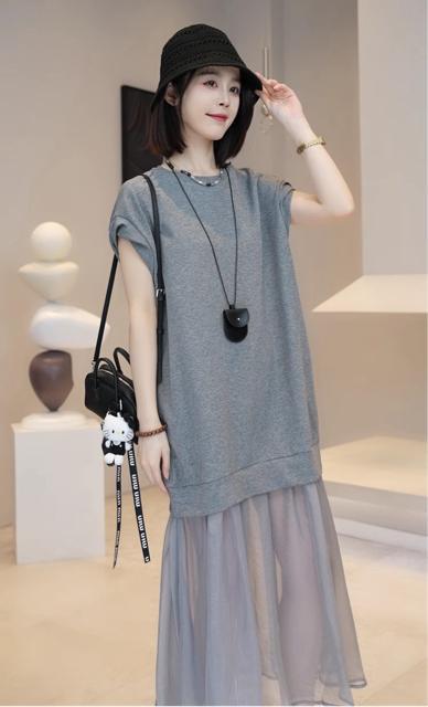 ロング丈 シフォン切り替え ワンピース 異素材 グレー 大きいサイズ < 女性ファッション ロング丈 シフォン切り替え ワンピース 異素材 グレー 大きいサイズ < 女性ファッションの