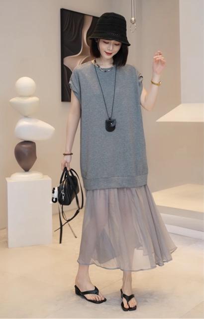 ロング丈 シフォン切り替え ワンピース 異素材 グレー 大きいサイズ < 女性ファッション ロング丈 シフォン切り替え ワンピース 異素材 グレー 大きいサイズ < 女性ファッションの