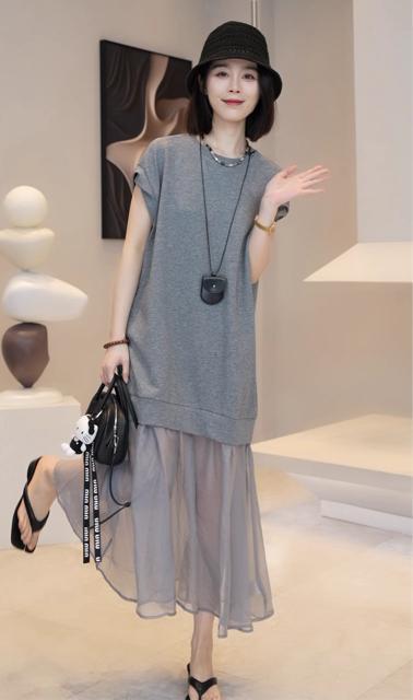 ロング丈 シフォン切り替え ワンピース 異素材 グレー 大きいサイズ < 女性ファッション ロング丈 シフォン切り替え ワンピース 異素材 グレー 大きいサイズ < 女性ファッションの