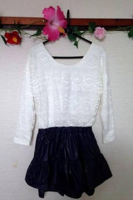 新品■定価15540円 スモーク◆ レース フェイクレザー オールインワン ワンピース◆ホワイト&ネイビー < 女性ファッション  新品■定価15540円 スモーク◆ レース フェイクレザー オールインワン ワンピース◆ホワイト&ネイビー  < 女性ファッションの