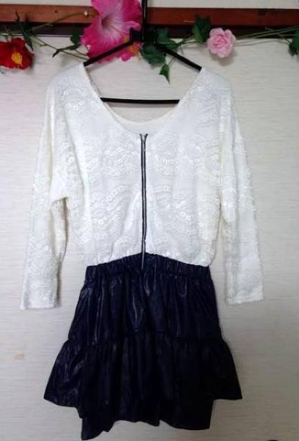 新品■定価15540円 スモーク◆ レース フェイクレザー オールインワン ワンピース◆ホワイト&ネイビー < 女性ファッション  新品■定価15540円 スモーク◆ レース フェイクレザー オールインワン ワンピース◆ホワイト&ネイビー < 女性ファッションの