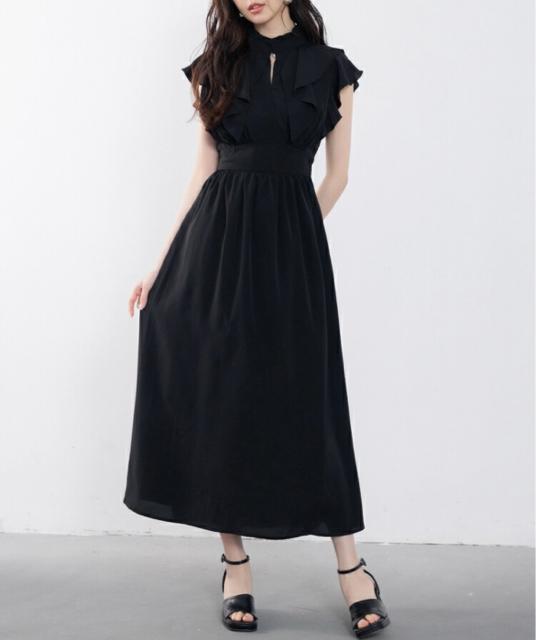 ブラックシフォンフリルロングワンピースオケージョンパーティー結婚式黒体型カバー < 女性ファッション  ブラックシフォンフリルロングワンピースオケージョンパーティー結婚式黒体型カバー  < 女性ファッションの