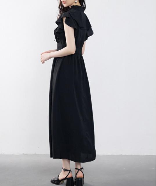 ブラックシフォンフリルロングワンピースオケージョンパーティー結婚式黒体型カバー < 女性ファッション  ブラックシフォンフリルロングワンピースオケージョンパーティー結婚式黒体型カバー < 女性ファッションの