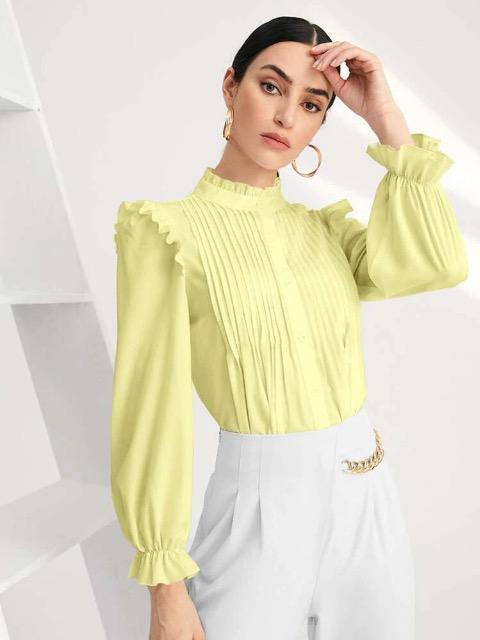 エレガント フリル プリーツ ラッフル ボタンフロント プレーン レディース ブラウス < 女性ファッション  エレガント フリル プリーツ ラッフル ボタンフロント プレーン レディース ブラウス  < 女性ファッションの