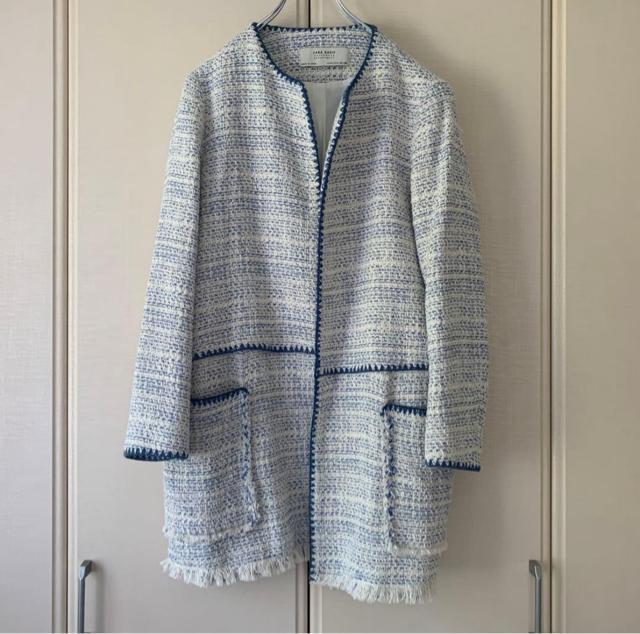 ZARA ザラ ノーカラー ツイードコート ツイードジャケット ブルー×ホワイト L < ブランド ZARA ザラ ノーカラー ツイードコート ツイードジャケット ブルー×ホワイト L < ブランドの