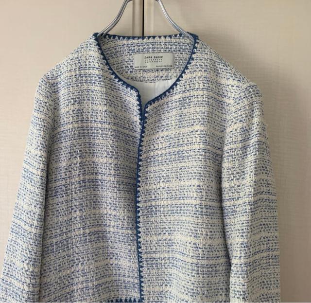 ZARA ザラ ノーカラー ツイードコート ツイードジャケット ブルー×ホワイト L < ブランド ZARA ザラ ノーカラー ツイードコート ツイードジャケット ブルー×ホワイト L < ブランドの
