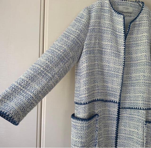 ZARA ザラ ノーカラー ツイードコート ツイードジャケット ブルー×ホワイト L < ブランド ZARA ザラ ノーカラー ツイードコート ツイードジャケット ブルー×ホワイト L < ブランドの