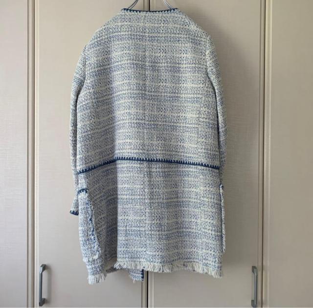 ZARA ザラ ノーカラー ツイードコート ツイードジャケット ブルー×ホワイト L < ブランド ZARA ザラ ノーカラー ツイードコート ツイードジャケット ブルー×ホワイト L < ブランドの