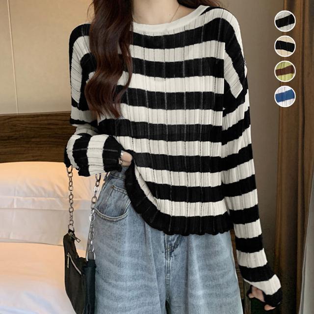 送料無料 新品 ニットトップス ボーダー柄 リブニット < 女性ファッション  送料無料 新品 ニットトップス ボーダー柄 リブニット  < 女性ファッションの