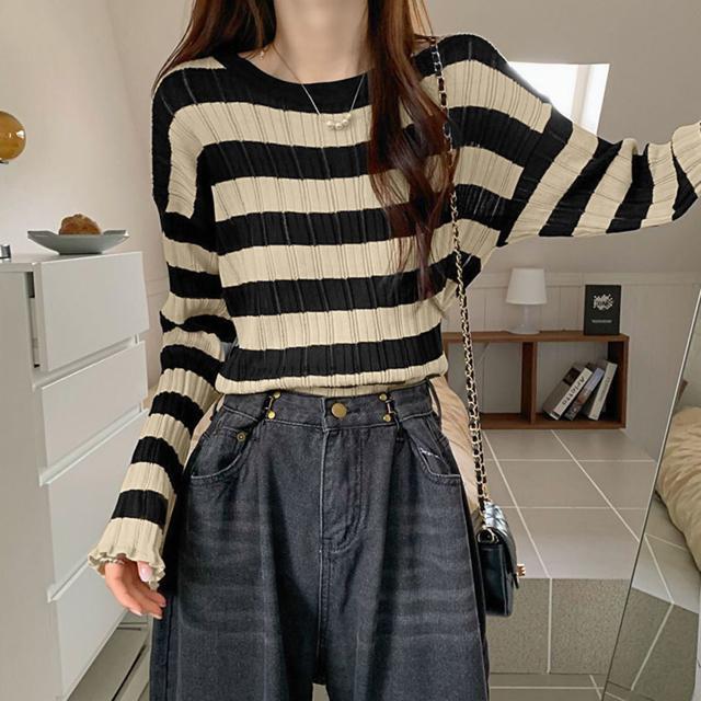 送料無料 新品 ニットトップス ボーダー柄 リブニット < 女性ファッション  送料無料 新品 ニットトップス ボーダー柄 リブニット < 女性ファッションの