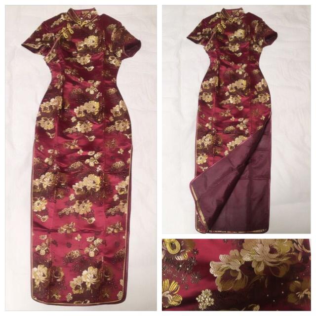 中華街●Sexyスリット入りチャイナドレス●ボルドー×ゴールド < 女性ファッション  中華街●Sexyスリット入りチャイナドレス●ボルドー×ゴールド  < 女性ファッションの