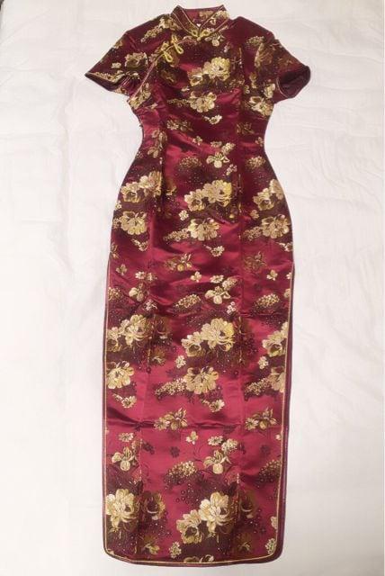 中華街●Sexyスリット入りチャイナドレス●ボルドー×ゴールド < 女性ファッション  中華街●Sexyスリット入りチャイナドレス●ボルドー×ゴールド < 女性ファッションの