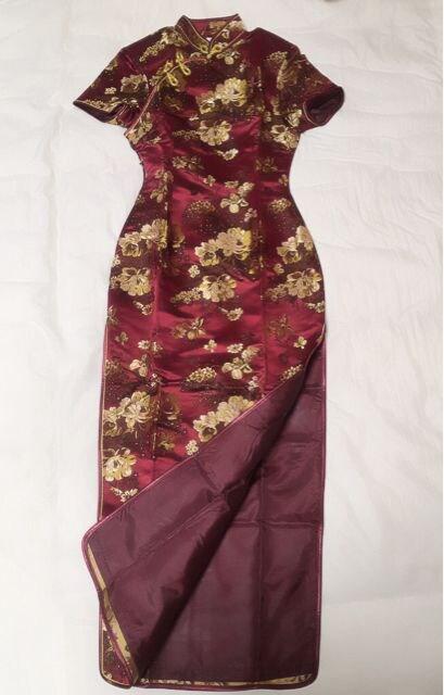 中華街●Sexyスリット入りチャイナドレス●ボルドー×ゴールド < 女性ファッション  中華街●Sexyスリット入りチャイナドレス●ボルドー×ゴールド < 女性ファッションの