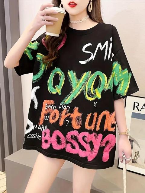 超お買い得1190円★レディース プラスサイズ ルーズフィット キャラクターグラフィックプリントTシャツ 黒フリー < 女性ファッション  超お買い得1190円★レディース プラスサイズ ルーズフィット キャラクターグラフィックプリントTシャツ 黒フリー  < 女性ファッションの