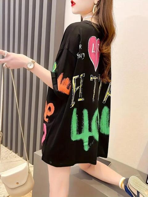 超お買い得1190円★レディース プラスサイズ ルーズフィット キャラクターグラフィックプリントTシャツ 黒フリー < 女性ファッション  超お買い得1190円★レディース プラスサイズ ルーズフィット キャラクターグラフィックプリントTシャツ 黒フリー < 女性ファッションの