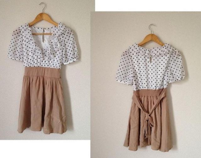 one way◆可愛い♪ドットブラウス ベージュ スカート ドッキング ワンピース◆サイズ2 < ブランド  one way◆可愛い♪ドットブラウス ベージュ スカート ドッキング ワンピース◆サイズ2  < ブランドの