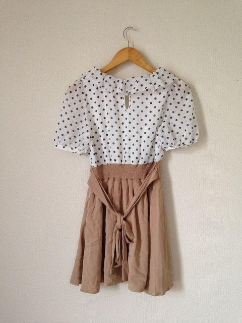 one way◆可愛い♪ドットブラウス ベージュ スカート ドッキング ワンピース◆サイズ2 < ブランド  one way◆可愛い♪ドットブラウス ベージュ スカート ドッキング ワンピース◆サイズ2 < ブランドの