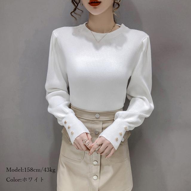送料無料 新品 リブニットトップス 袖口ボタン 着やせ < 女性ファッション  送料無料 新品 リブニットトップス 袖口ボタン 着やせ < 女性ファッションの