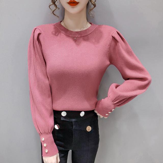 送料無料 新品 リブニットトップス 袖口ボタン 着やせ < 女性ファッション  送料無料 新品 リブニットトップス 袖口ボタン 着やせ < 女性ファッションの