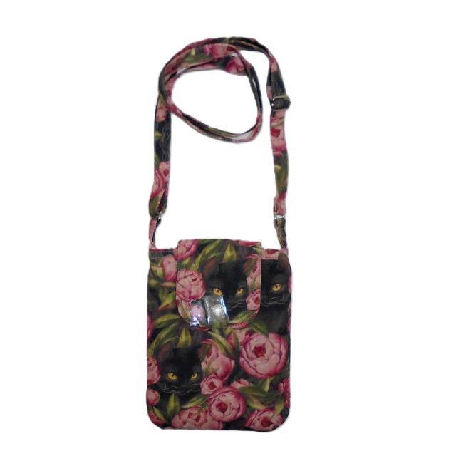 ◆◆美しい牡丹と魅惑の黒猫◆◆スマホポシェット ショルダー ポーチ < 女性ファッション ◆◆美しい牡丹と魅惑の黒猫◆◆スマホポシェット ショルダー ポーチ < 女性ファッションの
