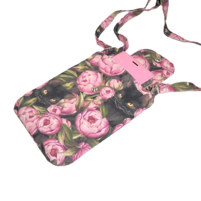 ◆◆美しい牡丹と魅惑の黒猫◆◆スマホポシェット ショルダー ポーチ < 女性ファッション ◆◆美しい牡丹と魅惑の黒猫◆◆スマホポシェット ショルダー ポーチ < 女性ファッションの