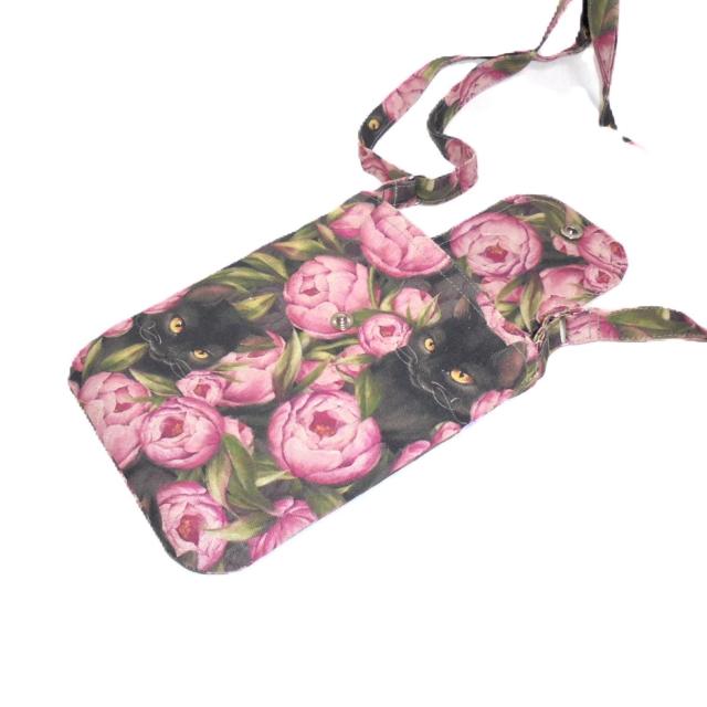 ◆◆美しい牡丹と魅惑の黒猫◆◆スマホポシェット ショルダー ポーチ < 女性ファッション ◆◆美しい牡丹と魅惑の黒猫◆◆スマホポシェット ショルダー ポーチ < 女性ファッションの