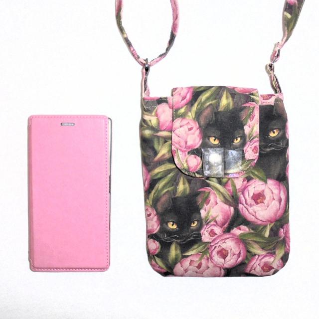 ◆◆美しい牡丹と魅惑の黒猫◆◆スマホポシェット ショルダー ポーチ < 女性ファッション ◆◆美しい牡丹と魅惑の黒猫◆◆スマホポシェット ショルダー ポーチ < 女性ファッションの