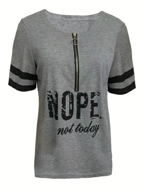 超お買い得1690円★ストライプ&レタープリントフロントジッパーTシャツ、カジュアル半袖 USAサイズM(日本サイズXL相当) < 女性ファッション  超お買い得1690円★ストライプ&レタープリントフロントジッパーTシャツ、カジュアル半袖 USAサイズM(日本サイズXL相当) < 女性ファッションの