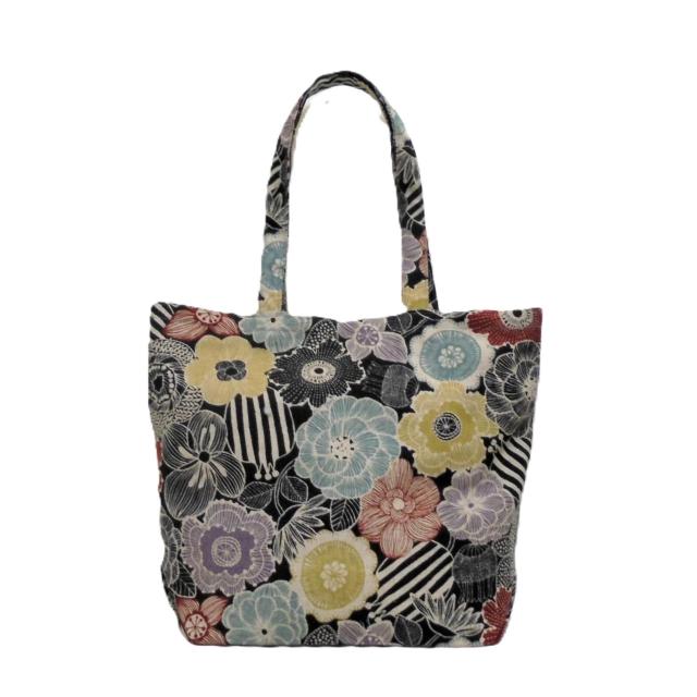 【L】【くったりタイプ】◆北欧モダンフラワー×黒地◆エコバッグ サブバッグ < 女性ファッション 【L】【くったりタイプ】◆北欧モダンフラワー×黒地◆エコバッグ サブバッグ < 女性ファッションの