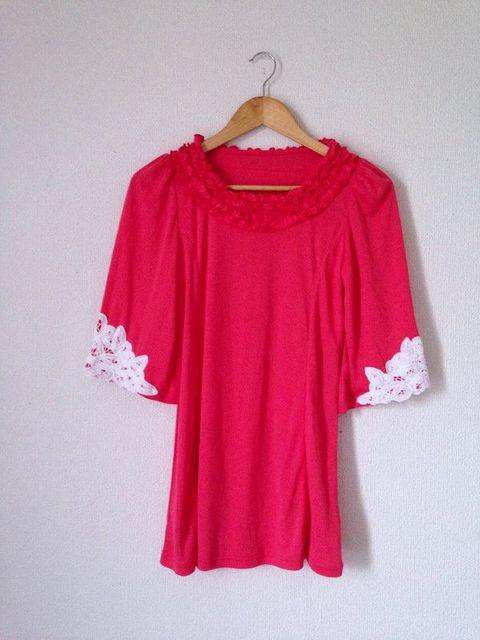 &LOVE◆レッド袖レース チュニック丈 Tシャツ カットソー M < 女性ファッション  &LOVE◆レッド袖レース チュニック丈 Tシャツ カットソー M  < 女性ファッションの