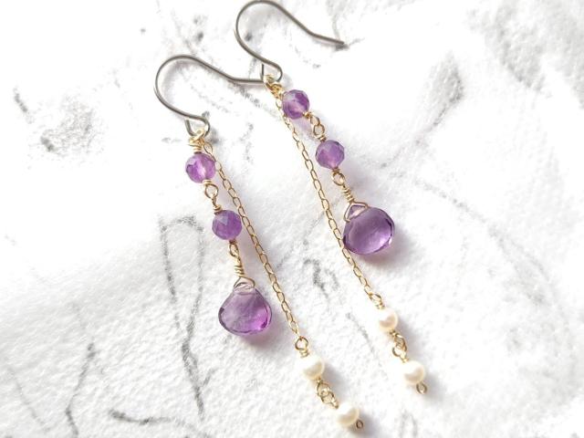 14kgf*小粒パールときらきらアメジストのピアス* 23001 < 女性アクセサリー/時計 14kgf*小粒パールときらきらアメジストのピアス* 23001 < 女性アクセサリー/時計の