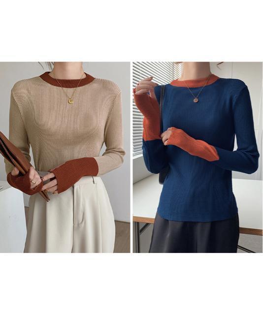 送料無料 新品 バイカラーニット 指穴ニットプルオーバー < 女性ファッション  送料無料 新品 バイカラーニット 指穴ニットプルオーバー < 女性ファッションの
