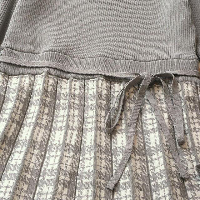 新品 9929 M プリーツ織 切替 ニット ワンピース グレー系 レディース リブ編み チェック模様 リボン 上品 < 女性ファッション 新品 9929 M プリーツ織 切替 ニット ワンピース グレー系 レディース リブ編み チェック模様 リボン 上品 < 女性ファッションの