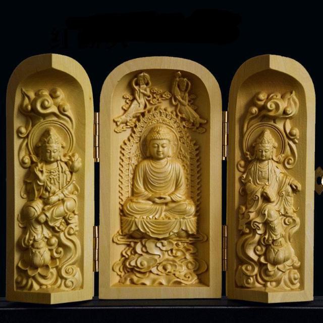 送料無料 柘植木彫仏像 浄土宗西方三聖坐像 開閉式筒型 < インテリア/ライフ  送料無料 柘植木彫仏像 浄土宗西方三聖坐像 開閉式筒型  < インテリア/ライフの