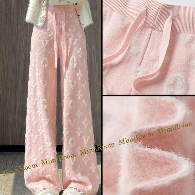 【W64〜96】ふわサラ&もこもこモノグラム柄 裏起毛ロング丈パンツ/桃 < 女性ファッション 【W64〜96】ふわサラ&もこもこモノグラム柄 裏起毛ロング丈パンツ/桃 < 女性ファッションの