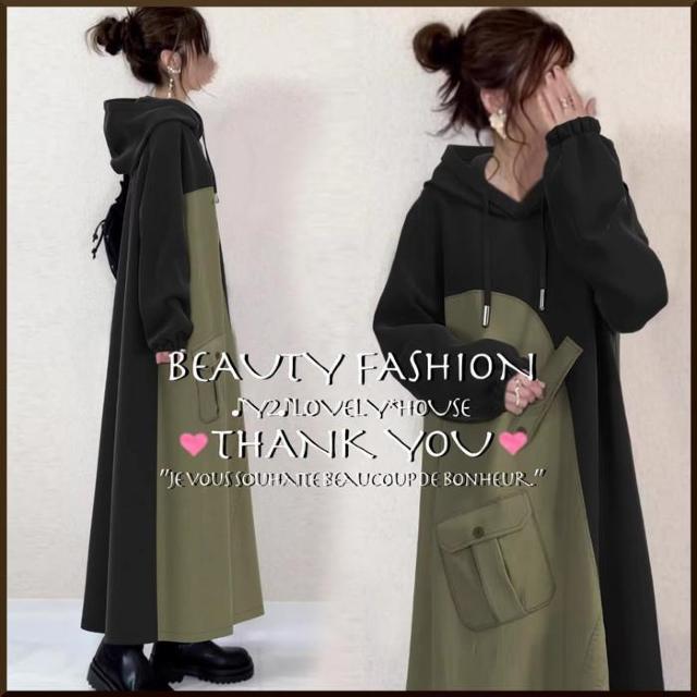 〜3L4L*ミリタリー風配色切替パーカーロングワンピース*黒 < 女性ファッション  〜3L4L*ミリタリー風配色切替パーカーロングワンピース*黒 < 女性ファッションの